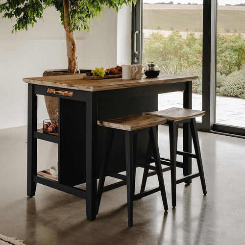 Breakfast Bar with Acacia Wood Top Storage Shelves Kitchen Island Dove Grey