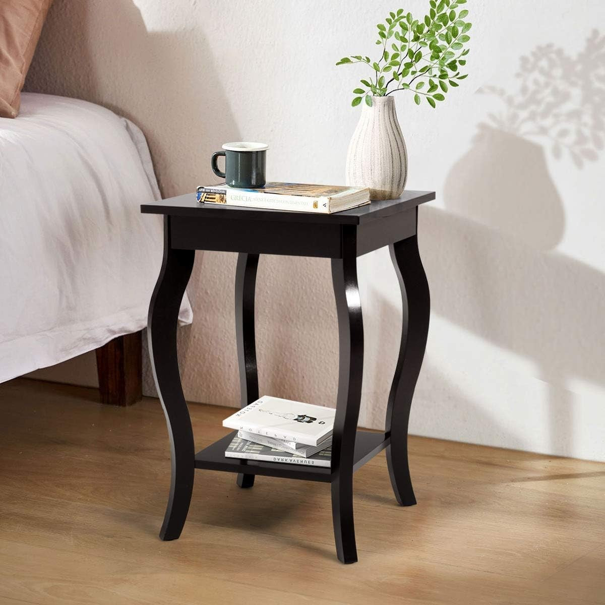 Set of 2 Coffee Brown Wooden Bedside Tables – Modern 2-Tier Side Tables 40×40×60