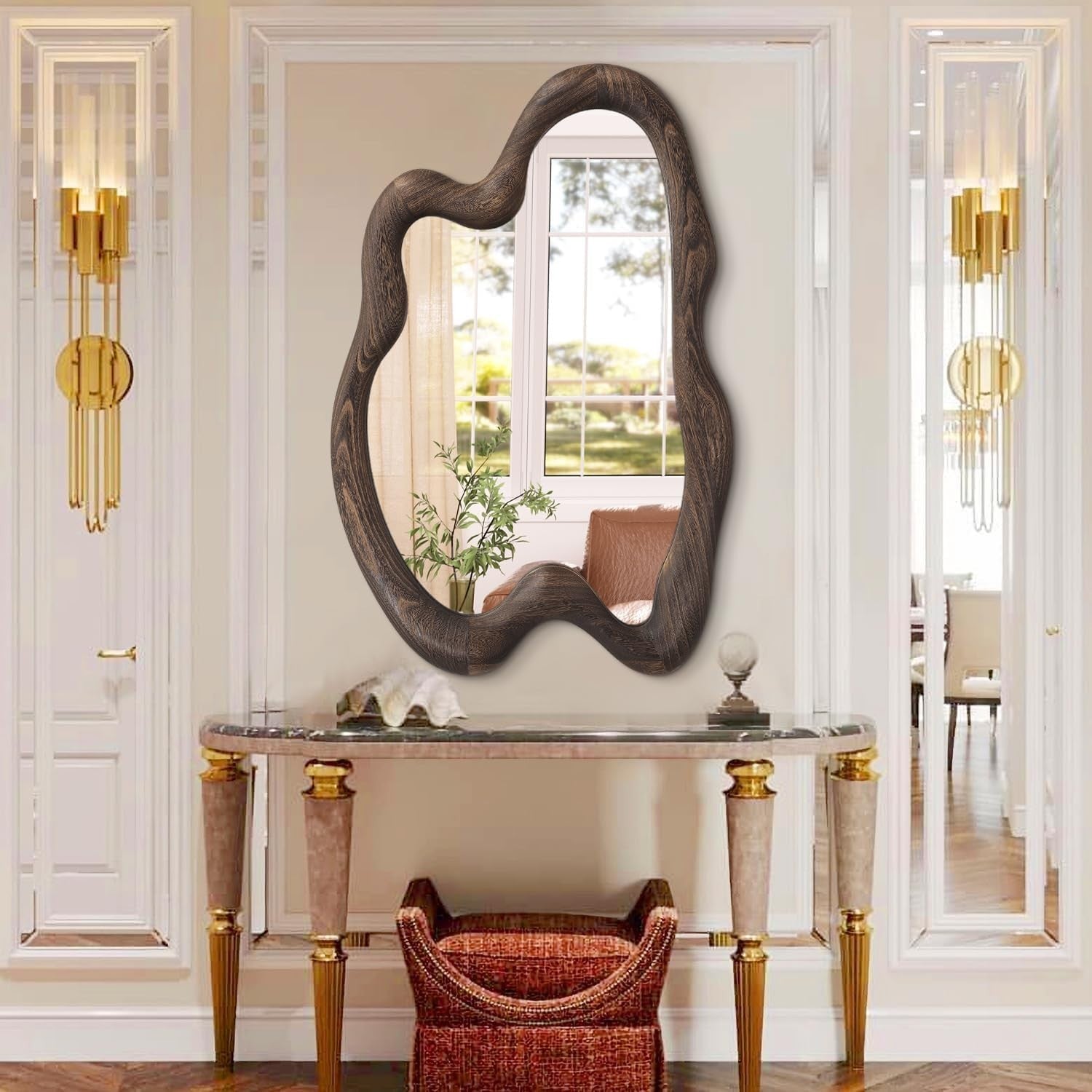 80x60cm Irregular Wall Mirror Rustic Wood Frame Vintage Look for Hallway