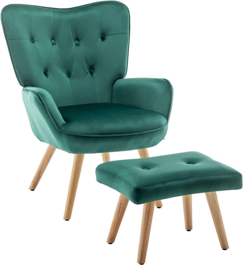 Green Velvet Armchair with Footstool, Comfy Reading Lounge Chair Set