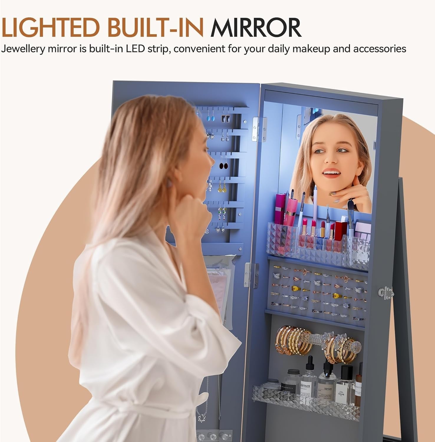 Gray 360° Swivel Jewellery Cabinet Lockable Full Length Mirror Storage