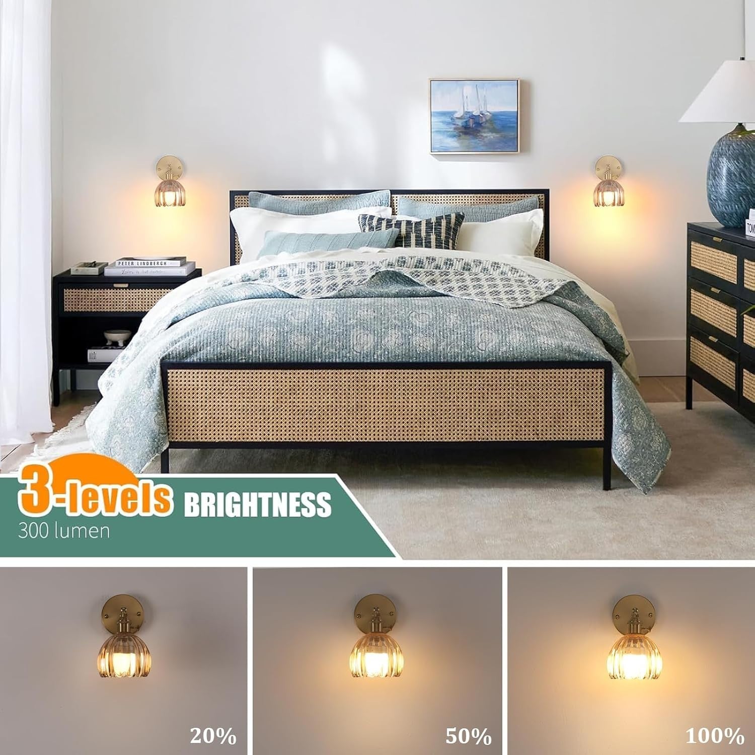 Set of 2 Rechargeable Wall Sconces with Remote, 12 Color Dimmable LED Lights