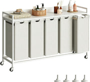5 Section Laundry Basket with Shelf White 300L Removable Bags Wheels Metal