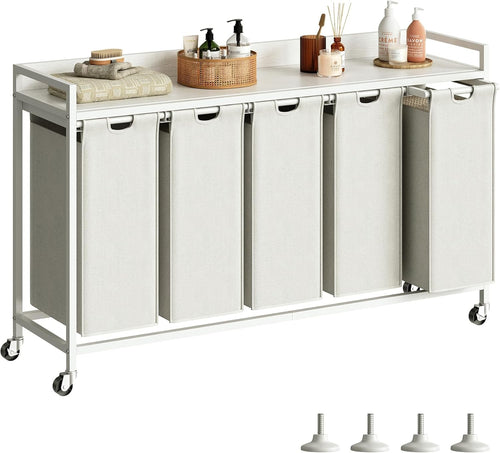 5 Section Laundry Basket with Shelf White 300L Removable Bags Wheels Metal