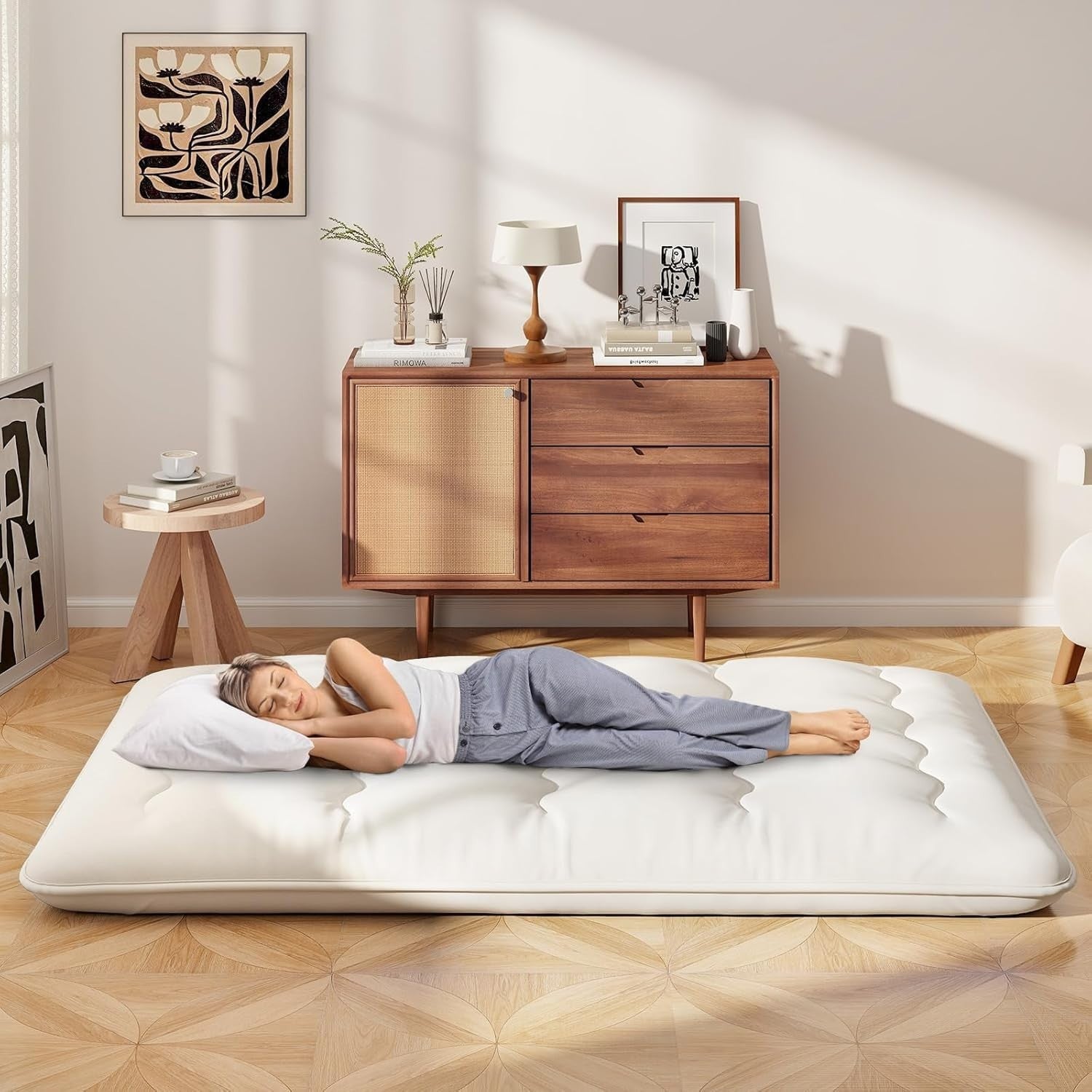 10cm Thick Beige Double Japanese Futon Mattress Foldable Washable Tatami Mat