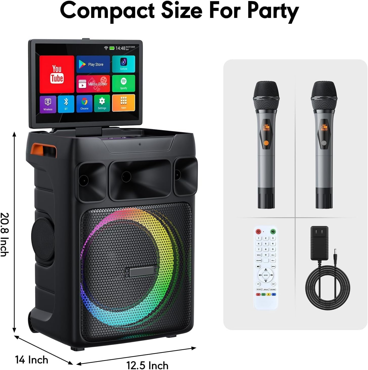 Black Smart Karaoke Machine 14.1" Screen 400W Speaker 2 Mics