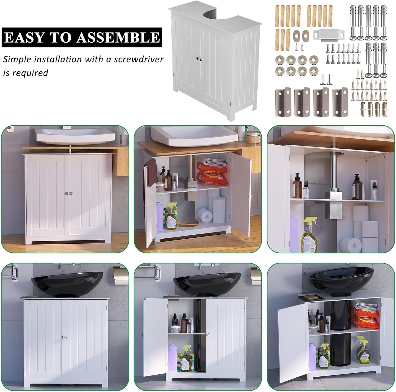 White Under Sink Bathroom Cabinet – Waterproof Storage Cupboard 60x30x60cm
