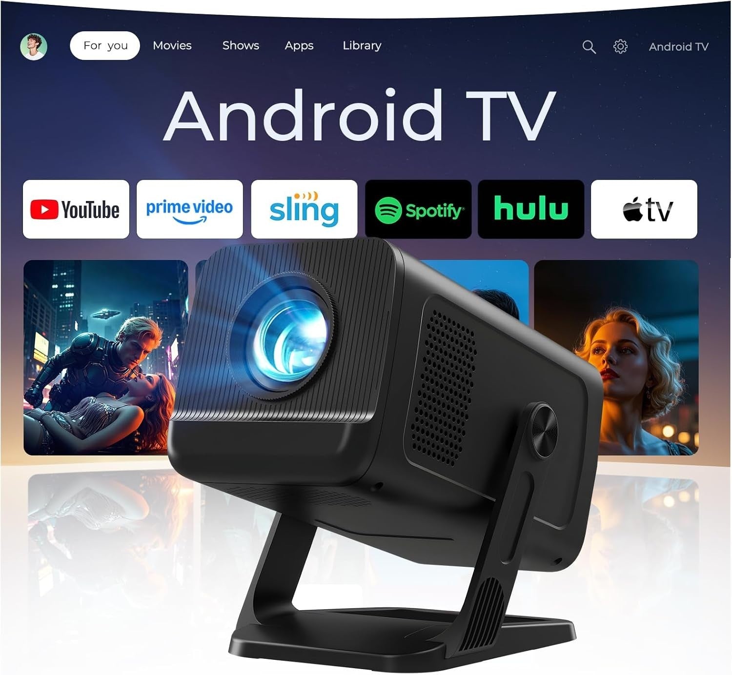 Mini 1080P Smart Projector WiFi 6 Bluetooth 5.4 Android Ceiling