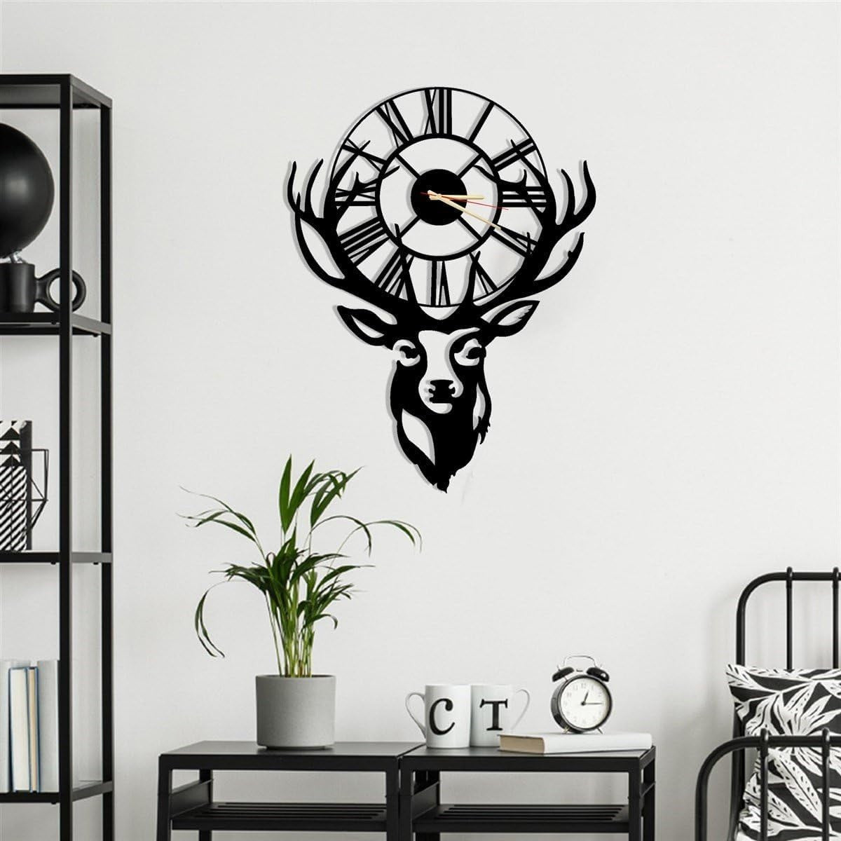 Large Deer Head Wall Clock 90x68cm Silent Quartz Metal Antler Decor