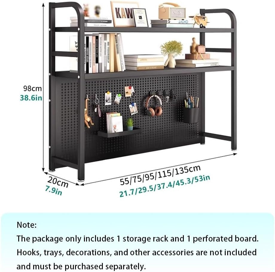 2-Tier Desktop Bookshelf Monitor Stand w/ Punchboard | Black Metal Shelf 75cm