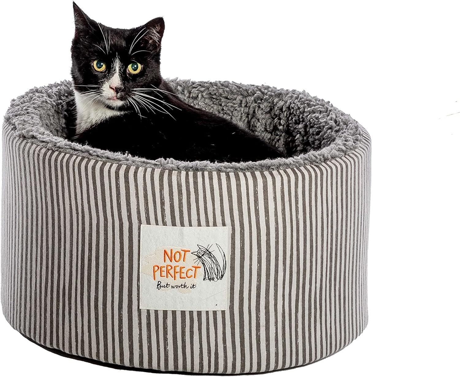 Sherpa Fleece Cat Bed Cozy Hideout 20in Washable Striped Pet Bed