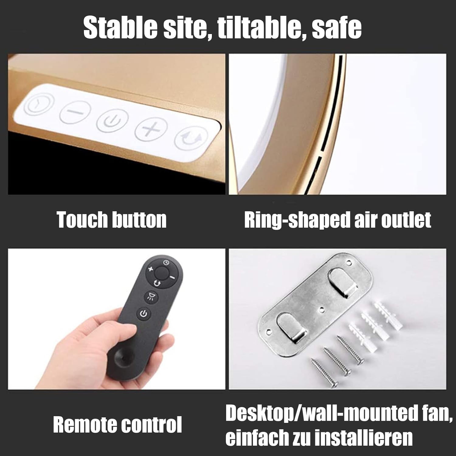 Gold Bladeless Wall & Floor Fan – 8-Speed Silent Remote Cooling Air Circulator