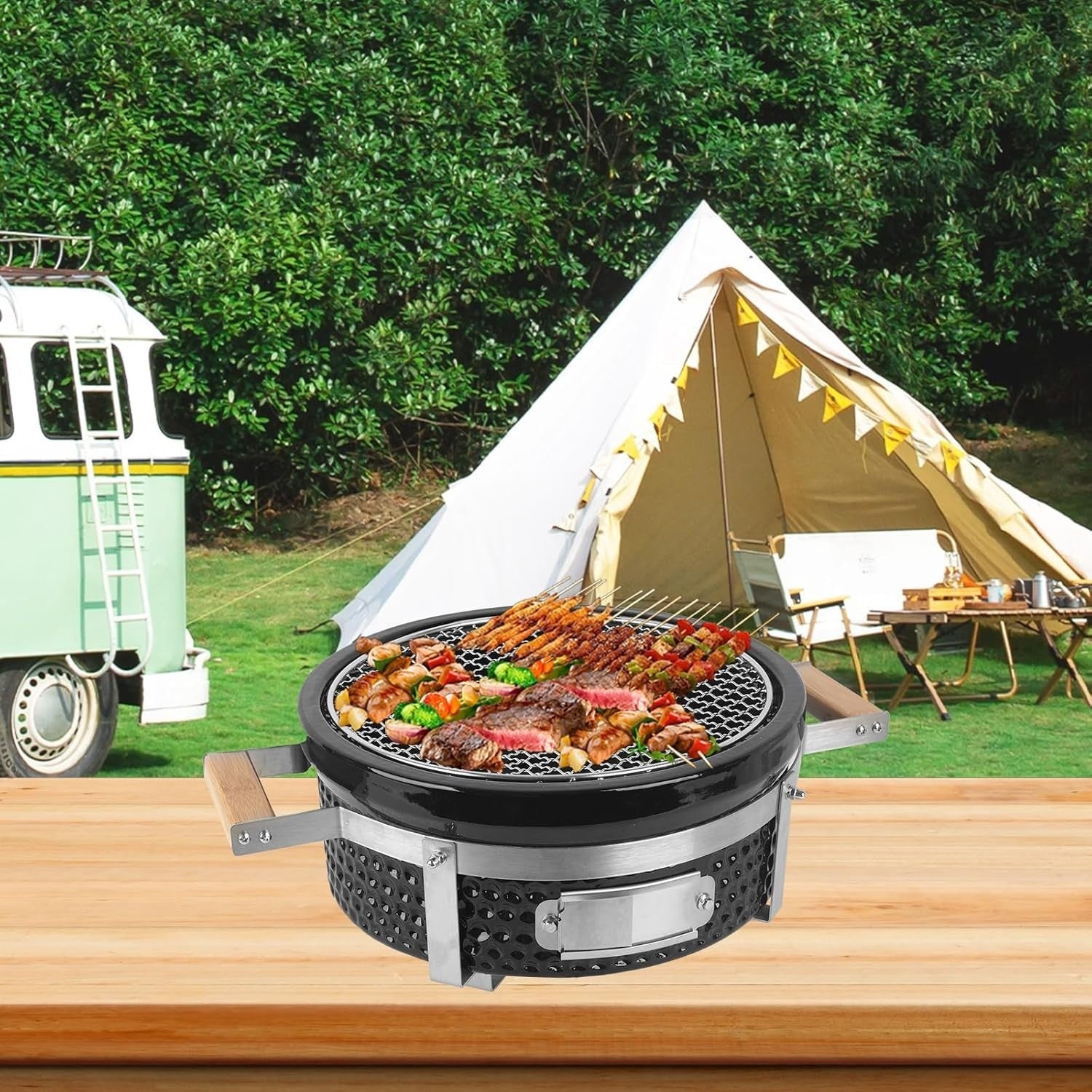 Portable Round Charcoal BBQ Grill Ceramic Tabletop Stove Outdoor Camping Patio