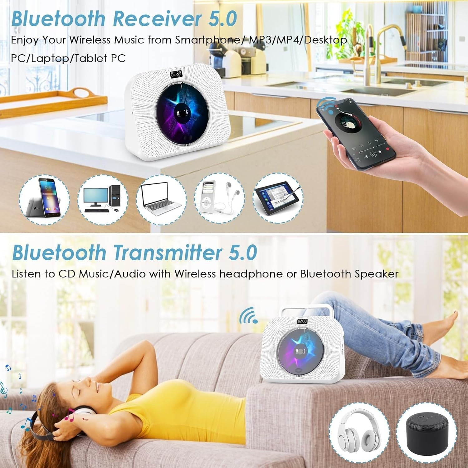 Bluetooth CD Player FM Radio USB TF AUX Sleep Timer Remote White