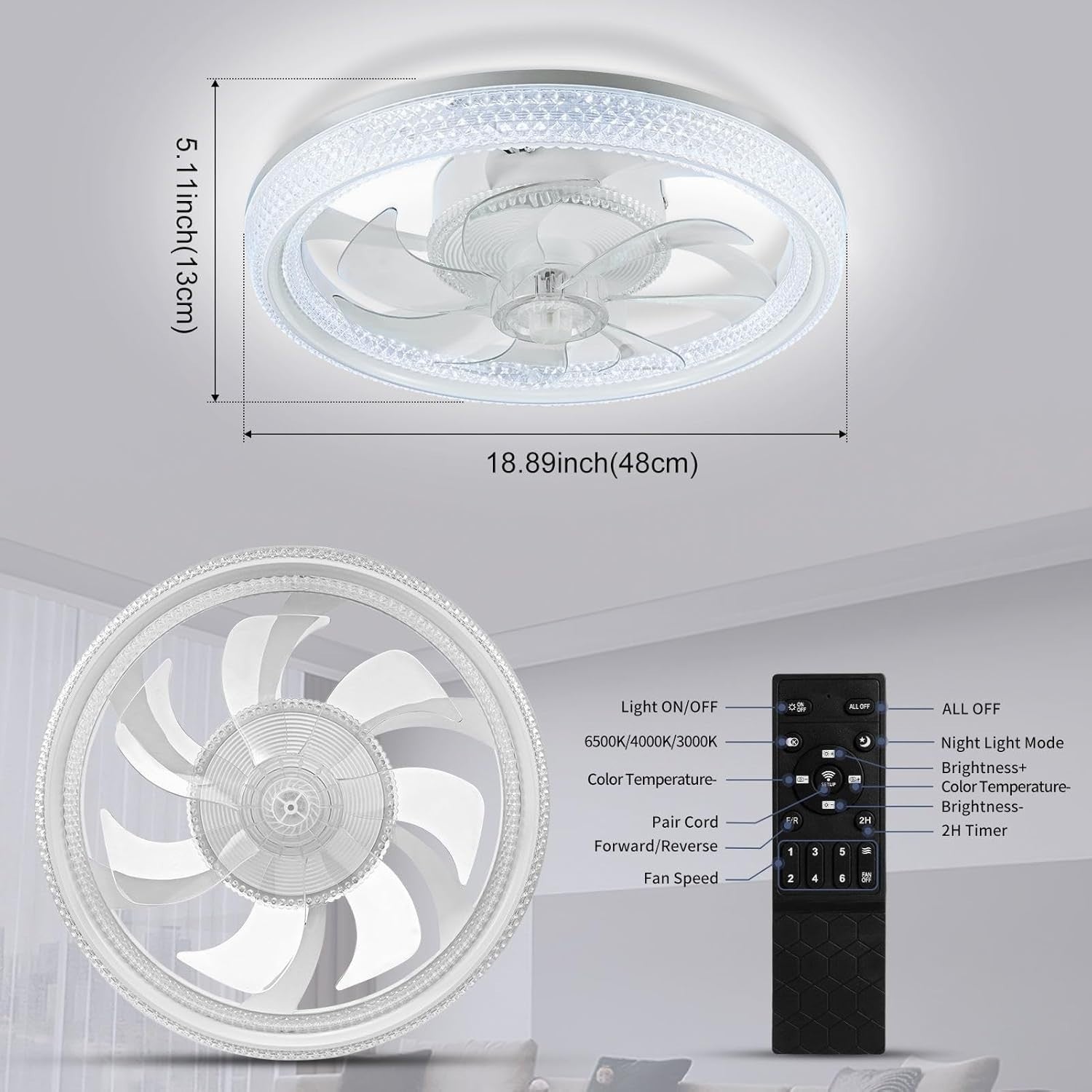 Bellanny 48CM Ceiling Fan, 6 Speeds, Dimmable LED, Reversible, Quiet Motor