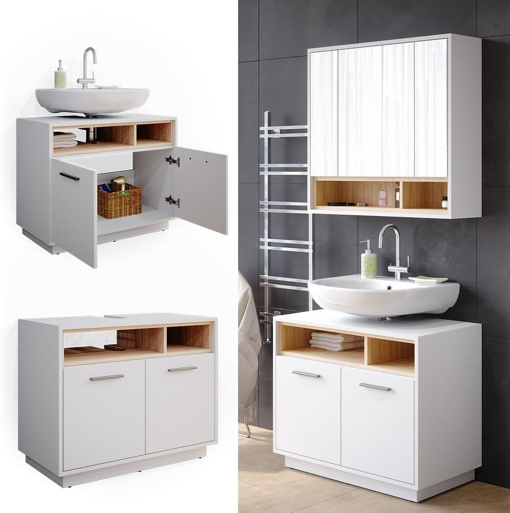 White Bathroom Sink Cabinet Vanity Storage Unit with Oak Shelves 80x64cm