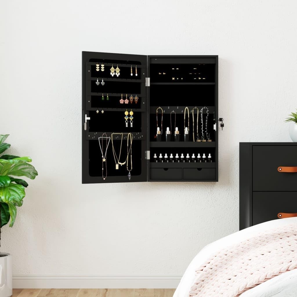 LED Jewelry Cabinet Mirror Lockable Wall or Door Mount Organizer Black