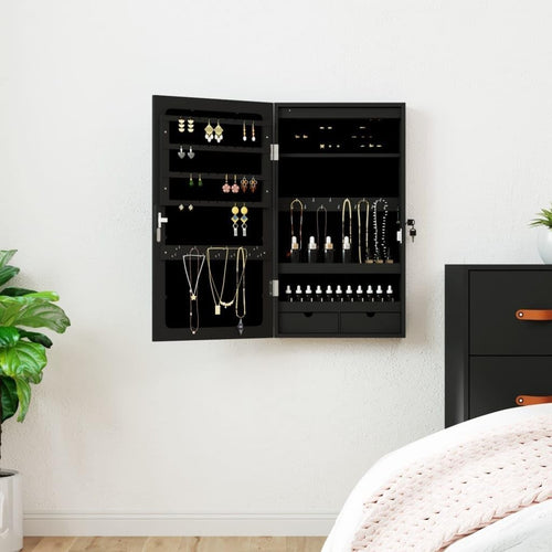 LED Jewelry Cabinet Mirror Lockable Wall or Door Mount Organizer Black