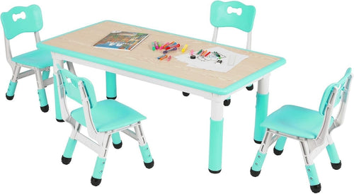 Height Adjustable Kids Table & 4 Chairs Set, Safe Plastic, 120x60cm Green