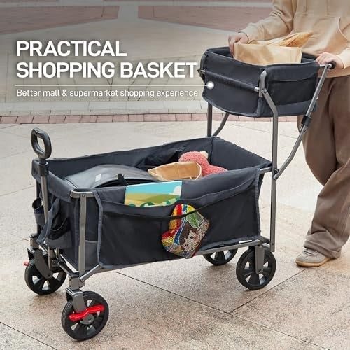 Foldable Heavy Duty Push & Pull Festival Trolley Wagon with Basket Grey