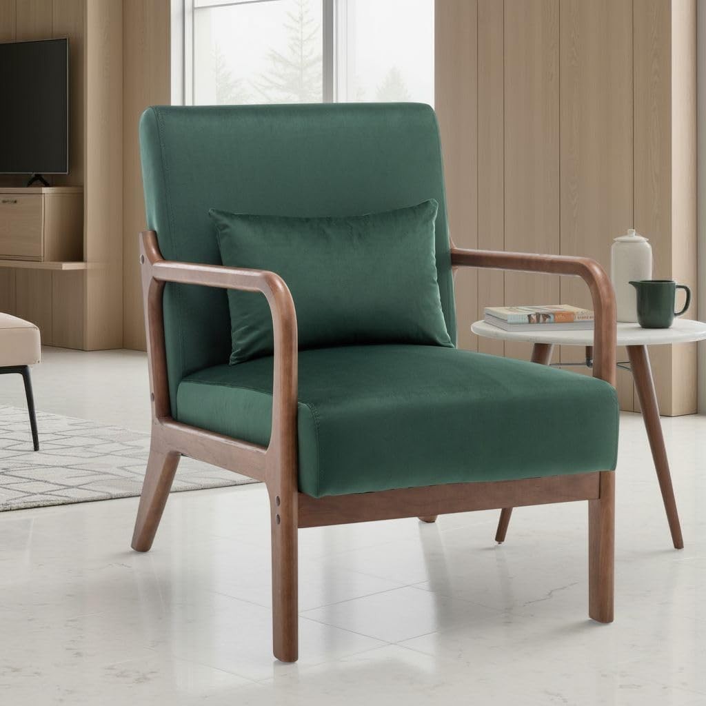 Bottle Green Velvet Accent Chair w/ Lumbar Cushion – Small Armchair
