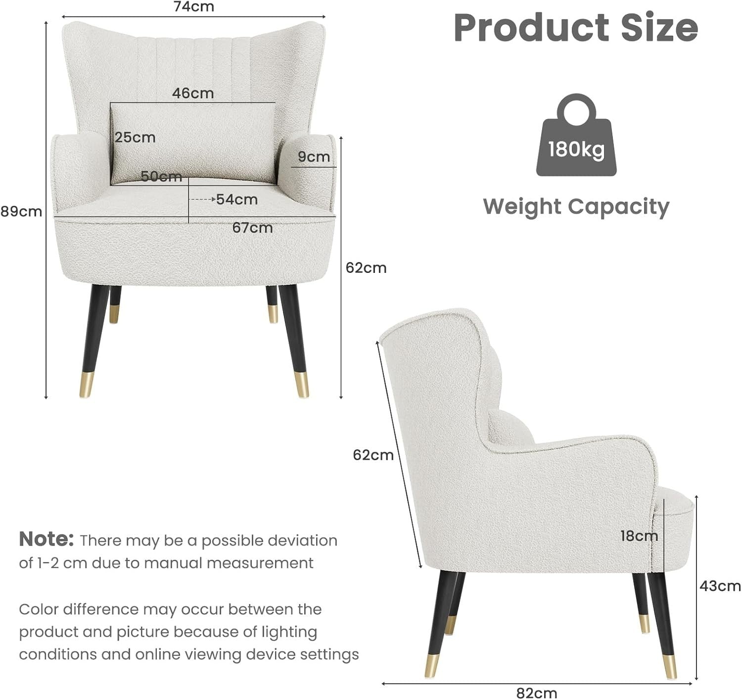Modern Wingback Armchair Teddy Fleece Lounge Chair w/Lumbar Pillow