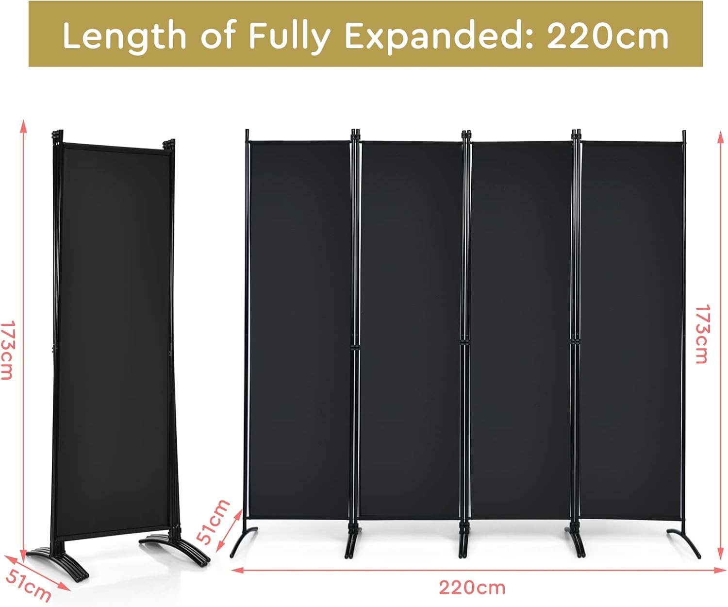 4 Panel Folding Room Divider Privacy Screen Freestanding Partition Wall Black