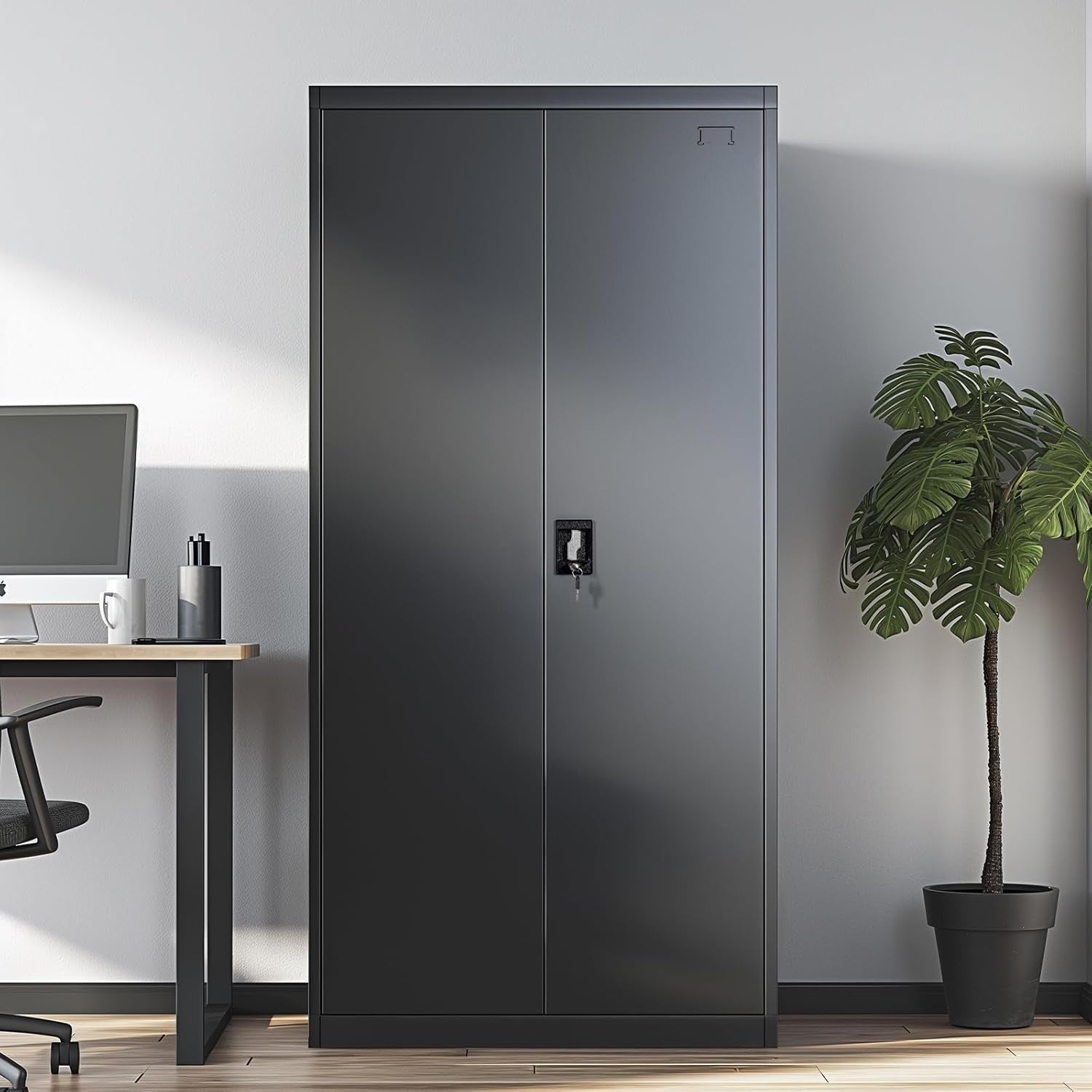 Tall Metal Storage Cabinet Black 2 Door 4 Shelf Lockable Steel Cupboard 185cm