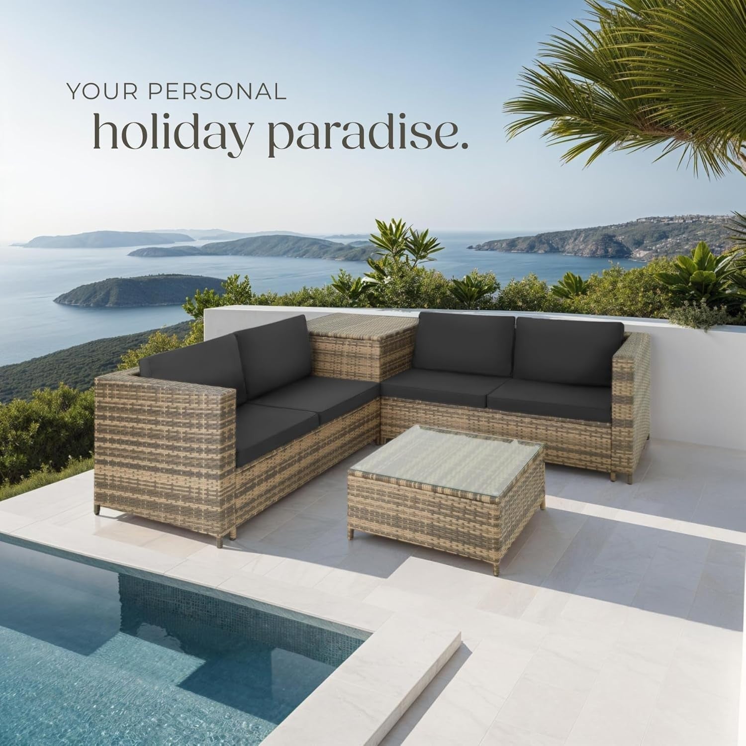 Rattan Garden Sofa Set with Thick Cushions & Storage Box - Patio Outdoor