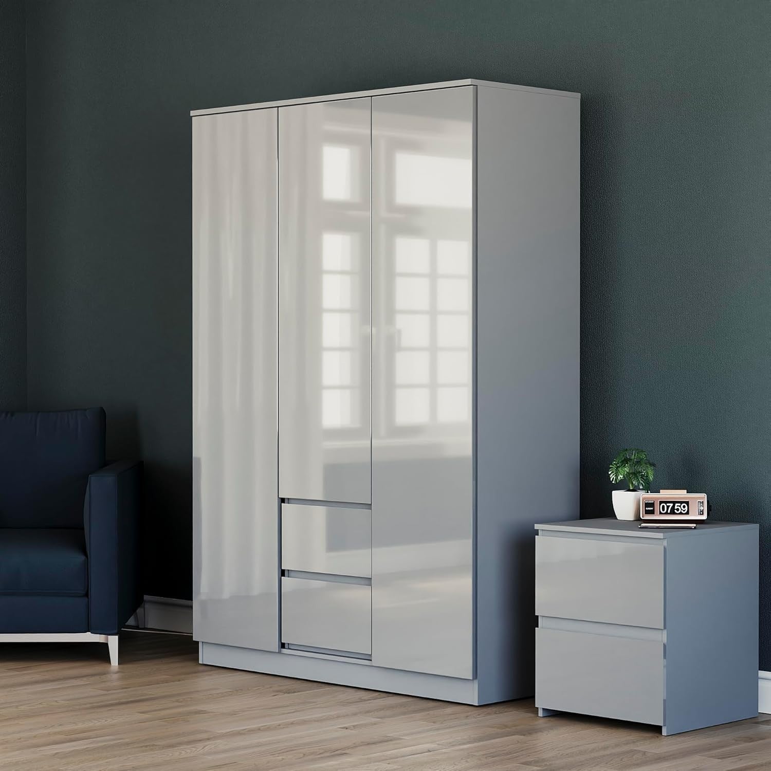Modern 3 Door Grey Wardrobe with 2 Drawers Storage, Hanging Rail & Easy Setup