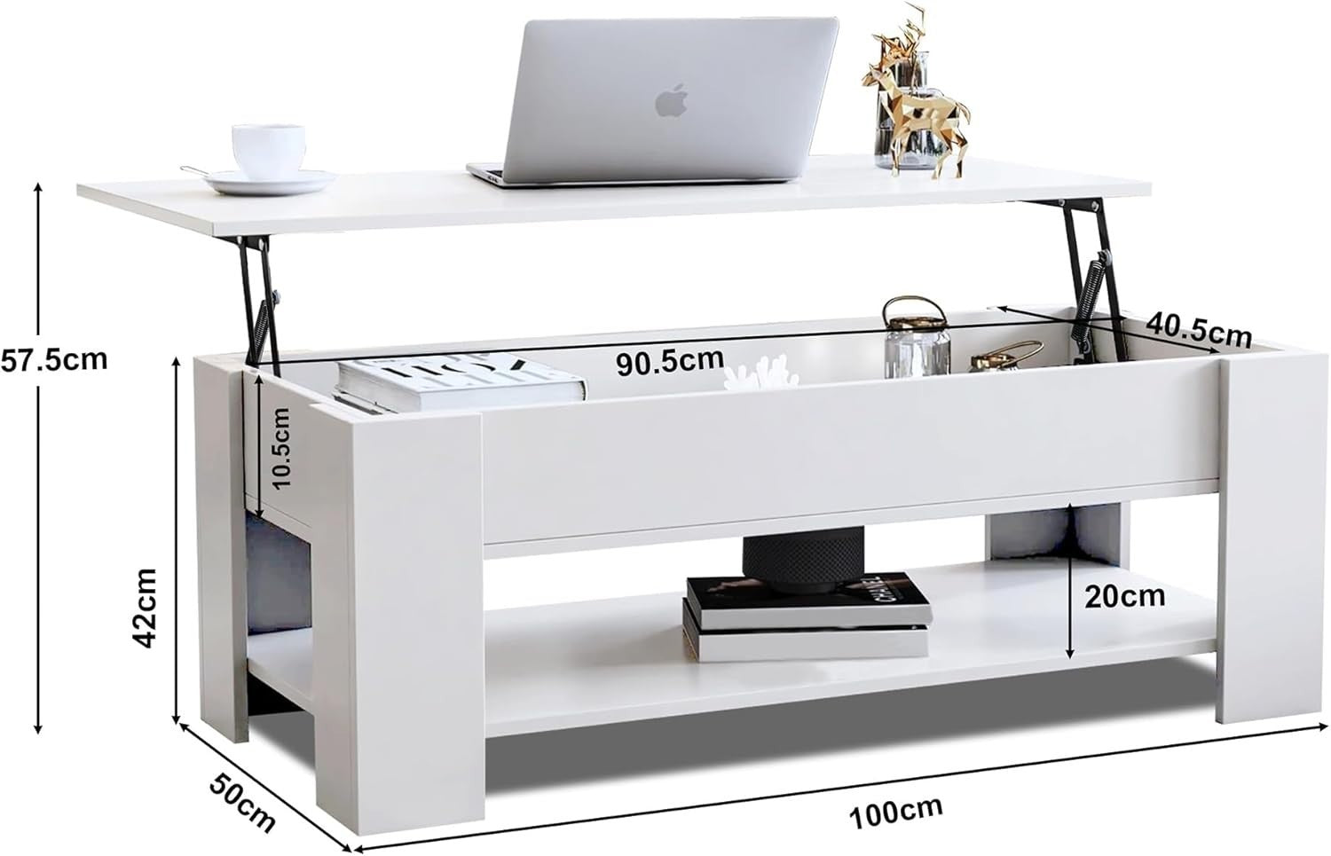 Lift Top Coffee Table White with Storage, Large Hidden Compartment 100x50cm
