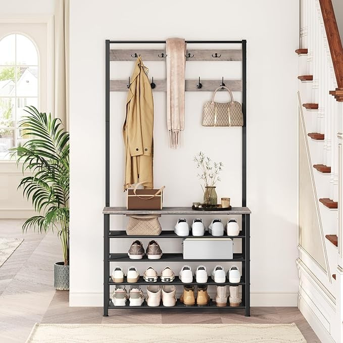 Industrial Coat Rack with Shoe Bench & 9 Hooks | Greige Hall Tree Organizer for