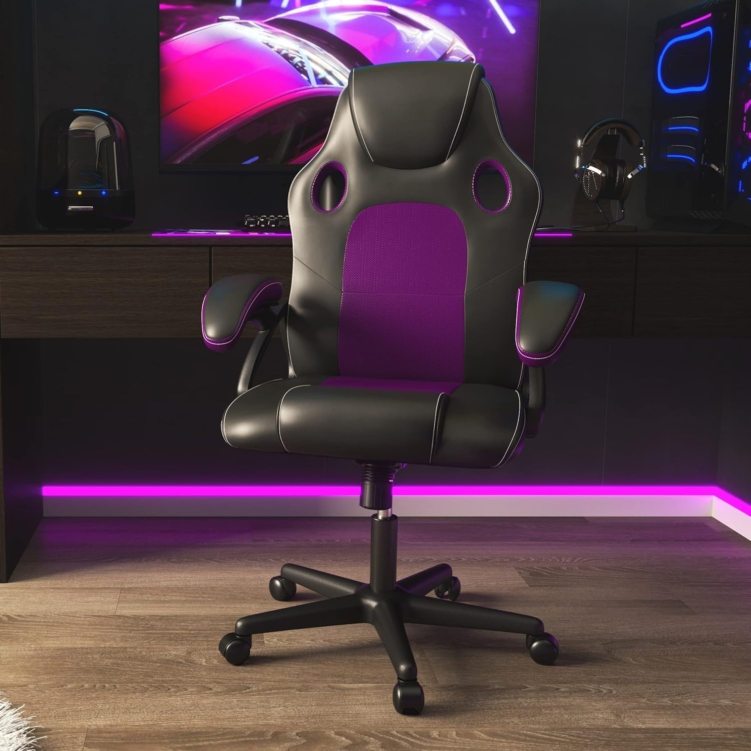 Ergonomic Recliner Office Chair Faux Leather Lumbar Support Desk Seat Purple
