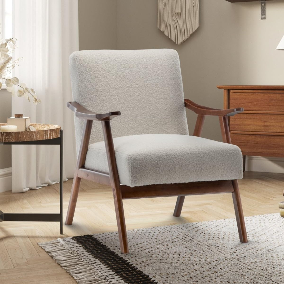 White Bouclé Accent Armchair Retro Wooden Lounge Chair