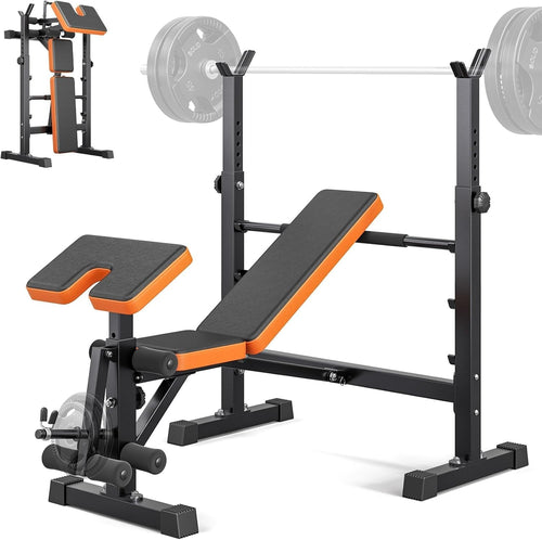 Orange 6-in-1 Multi-Function Weight Bench Leg Press Preacher Rack