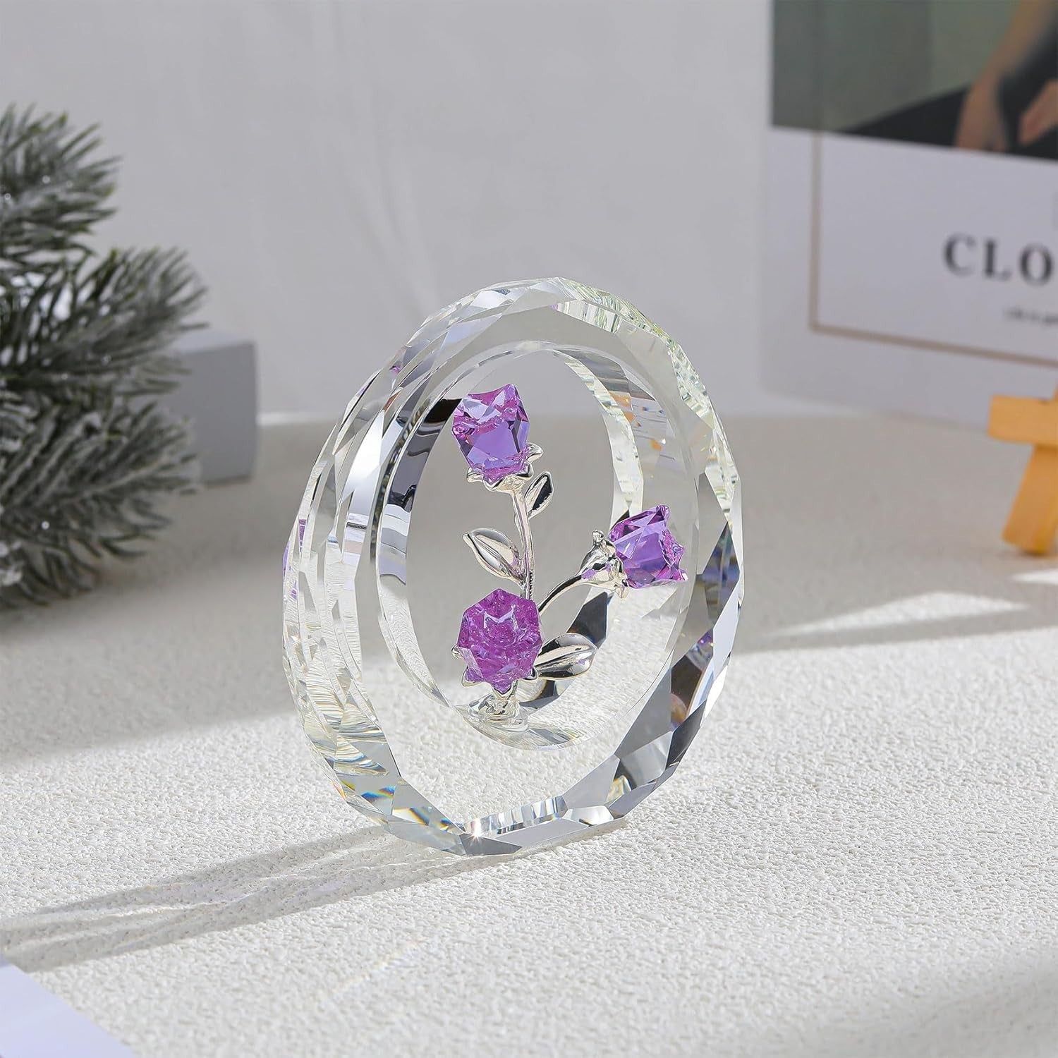 Crystal Purple Rose Ornament • Faceted Glass Flower Bouquet Gift for Women