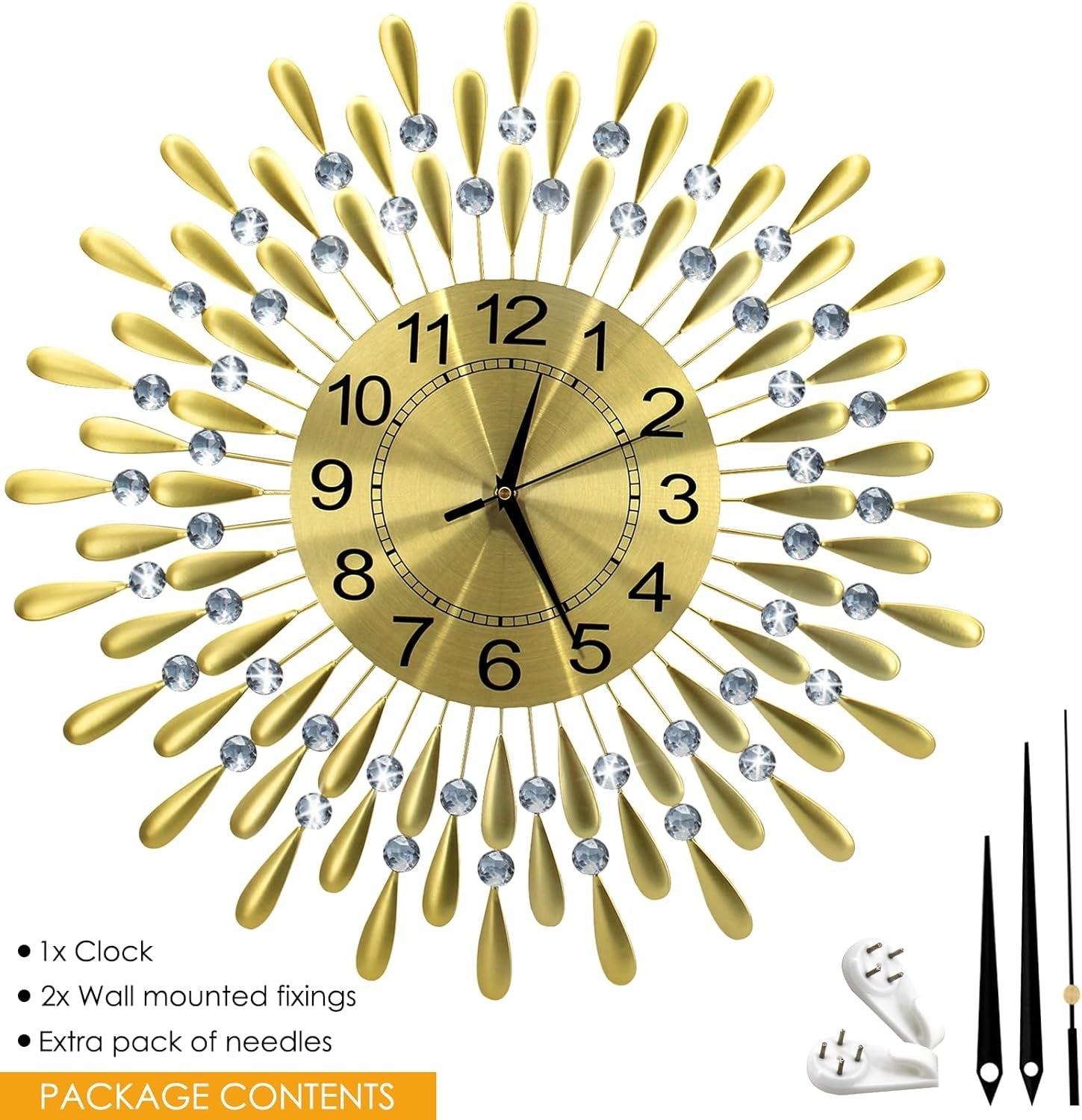 60cm Golden Sunburst Wall Clock – Luxury Diamante Beaded Metal Design