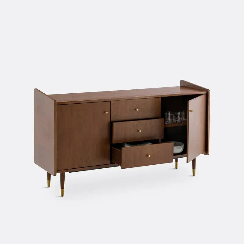 Mid Century Walnut Sideboard with Brass Legs & Storage Drawers