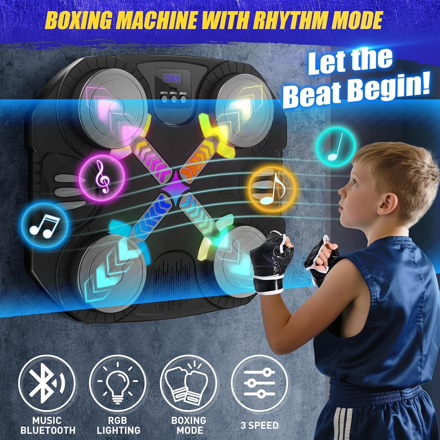 Kids Music Boxing Machine LED Punch Pad Wall Mounted Bluetooth Gloves
