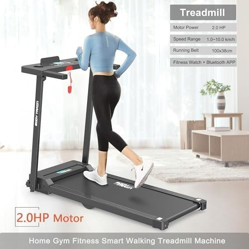 Folding Bluetooth Treadmill Flat-Fold 10km/h 2HP App Sync Kinomap Zwift Home Use