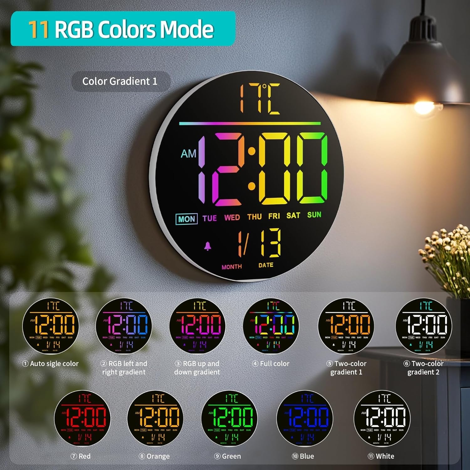 White 10" RGB Digital Wall Clock LED Large Display Remote Temperature