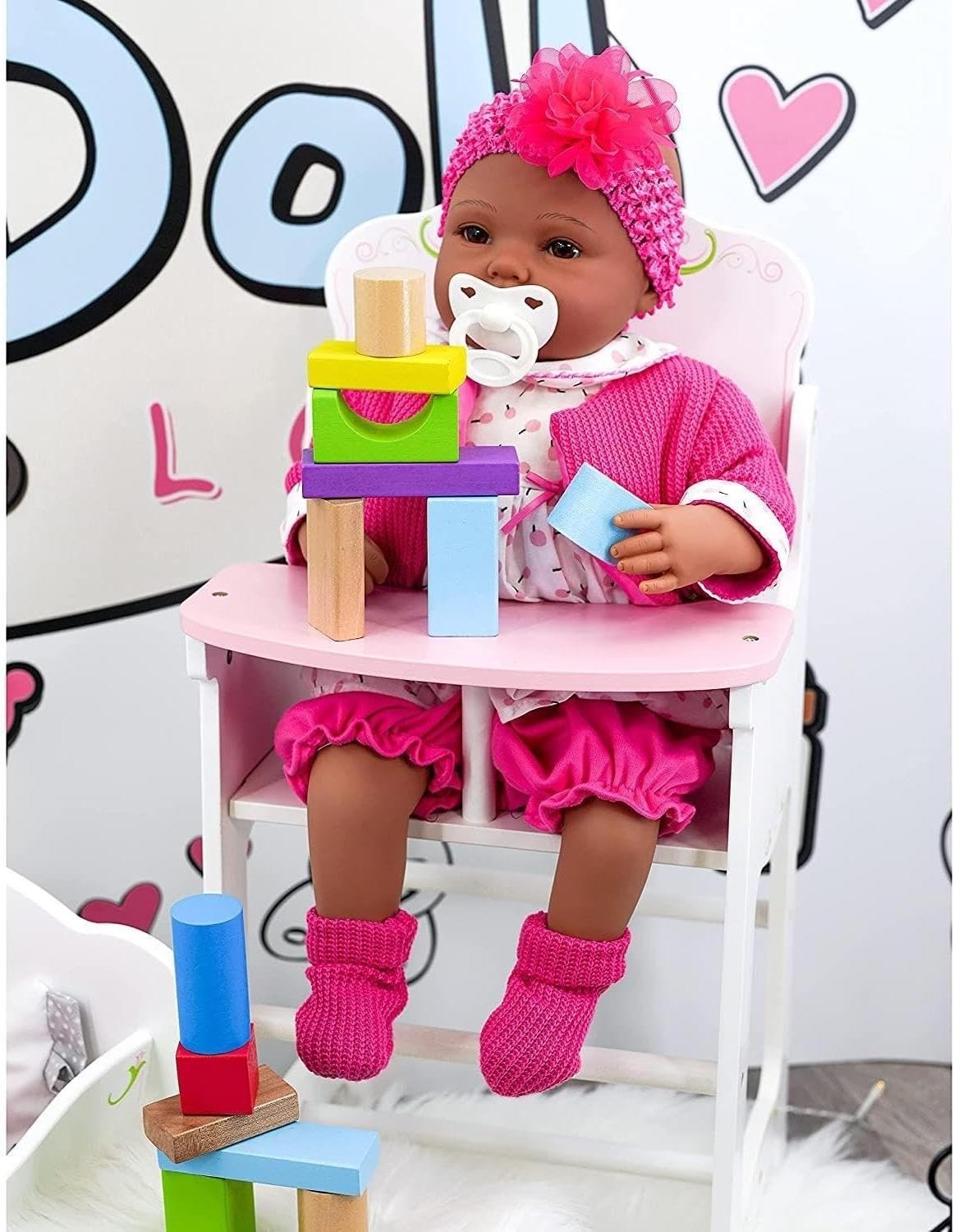 Wooden Doll Cradle & Highchair Kids Play Furniture Set Role Play Gift