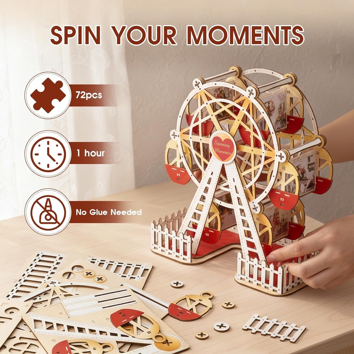 Rotating Ferris Wheel Photo Frame 3D Wooden Puzzle DIY Memory Display