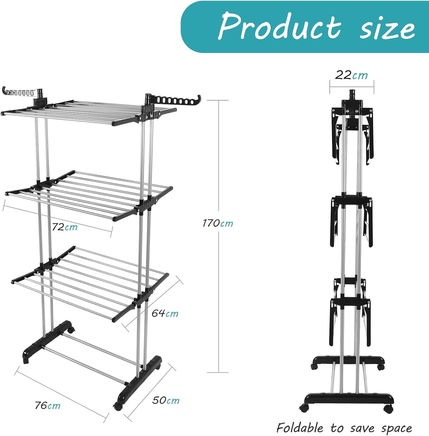 4 Tier Clothes Airer Folding Laundry Drying Rack with Wheels Heavy Duty Indoor
