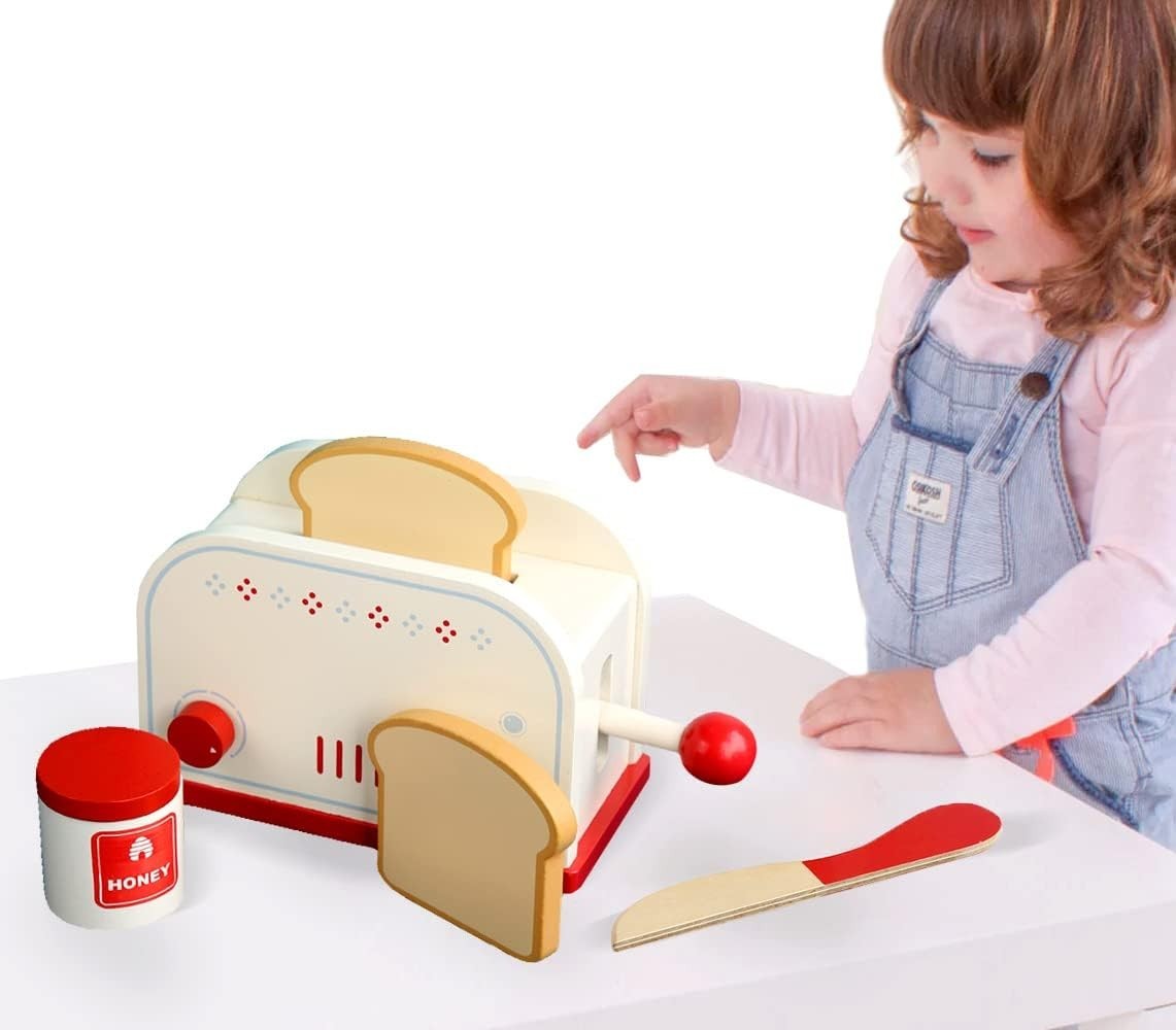 Wooden Pretend Play Toaster & Bread Maker Toy Set for Kids