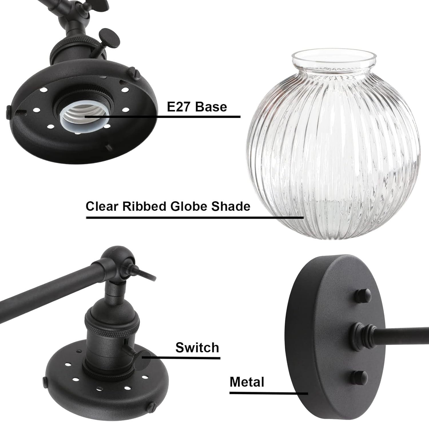 Modern Black 2-Light Glass Wall Sconce | Dimmable Bedroom & Living Room Lamp