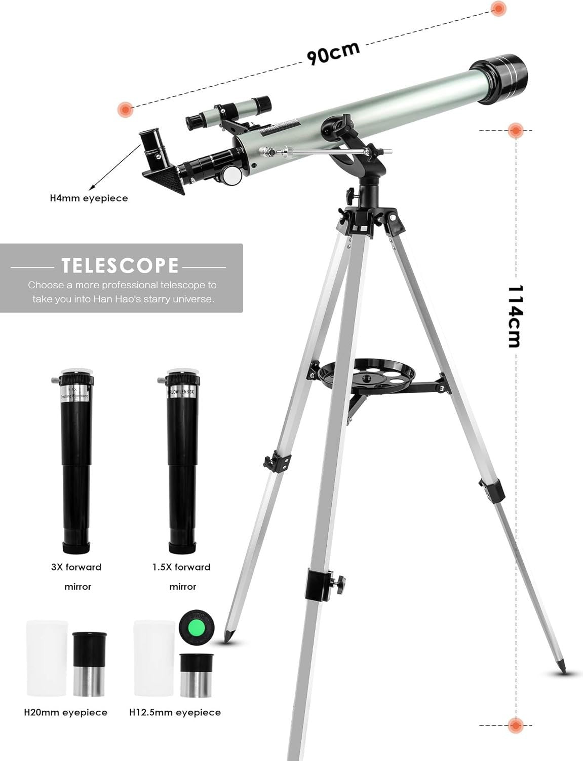 60mm Refractor Telescope for Kids Beginners 525X with Tripod