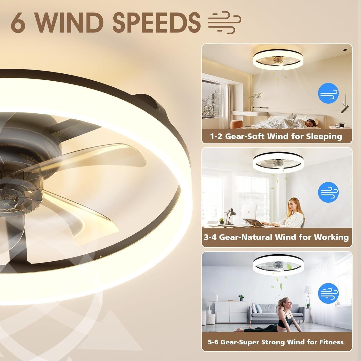 50CM LED Ceiling Fan with Light, 6 Speeds, Remote Control, Dimmable