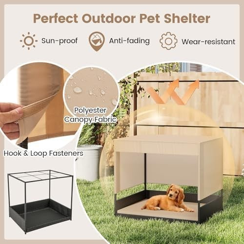 Wicker Pet House with Cushion & Roof, Raised Rattan Dog Bed for Small Dogs