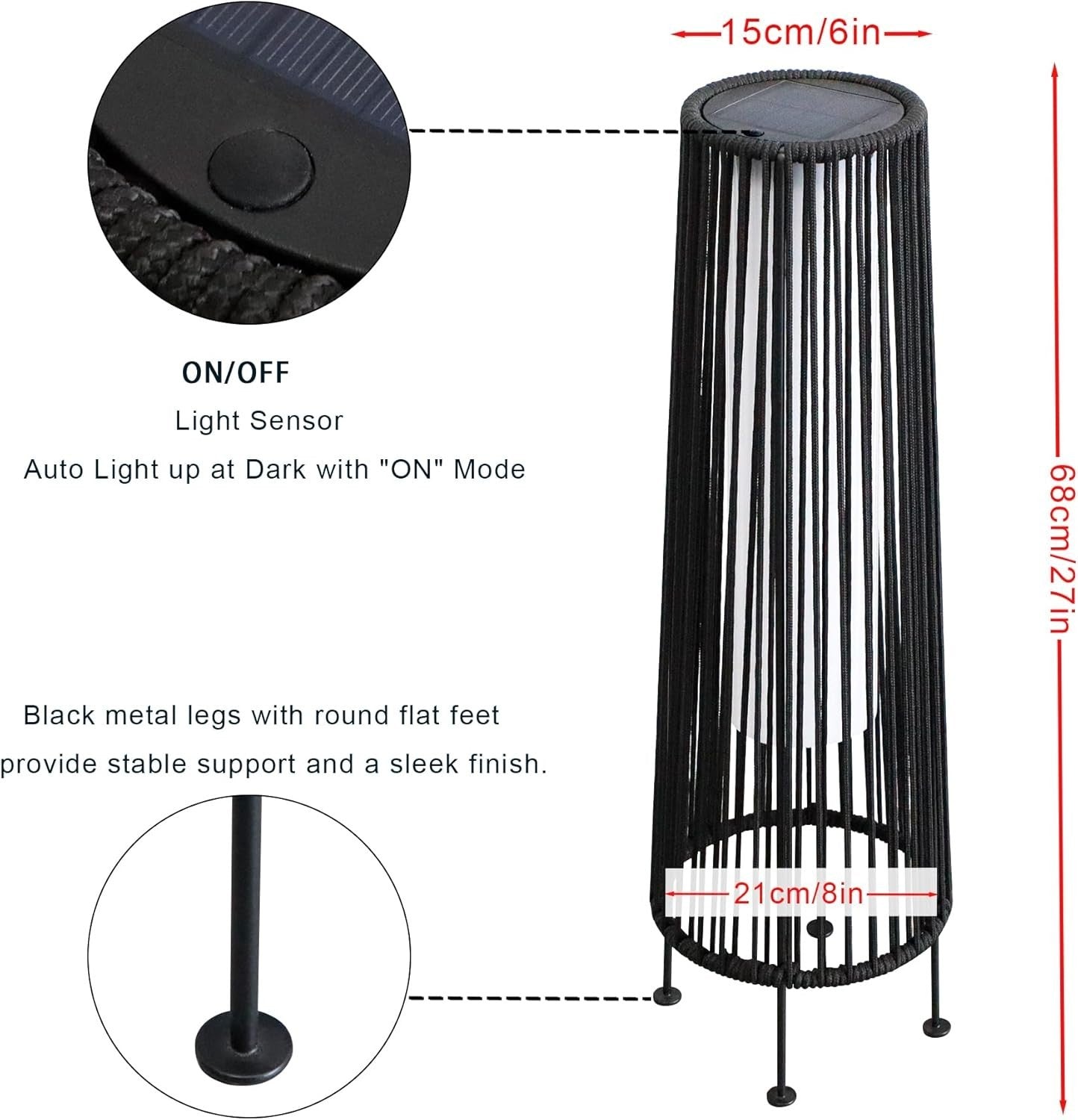 2 Pack Solar Wicker Floor Lamps Outdoor Rattan Lanterns 68 cm Black